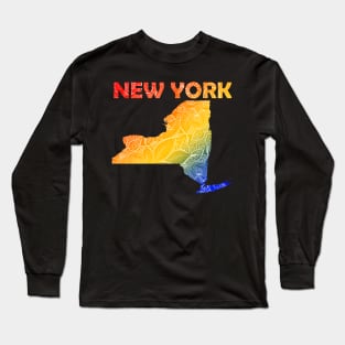 Colorful mandala art map of New York with text in blue, yellow, and red Long Sleeve T-Shirt